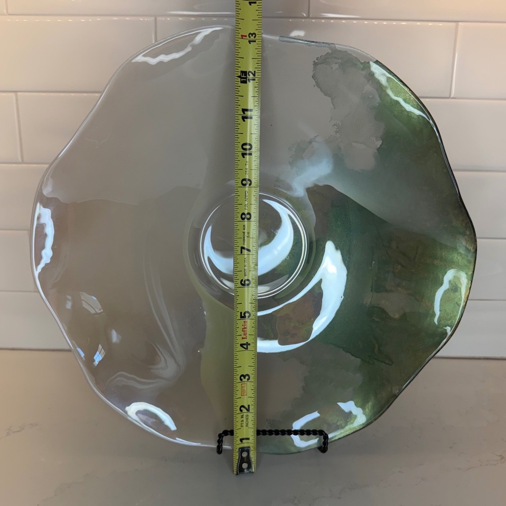 Decorative 13 Inch Glass Bowl Green Beige Wavy Edge Art Plate Excellent Cond - Picture 3 of 9